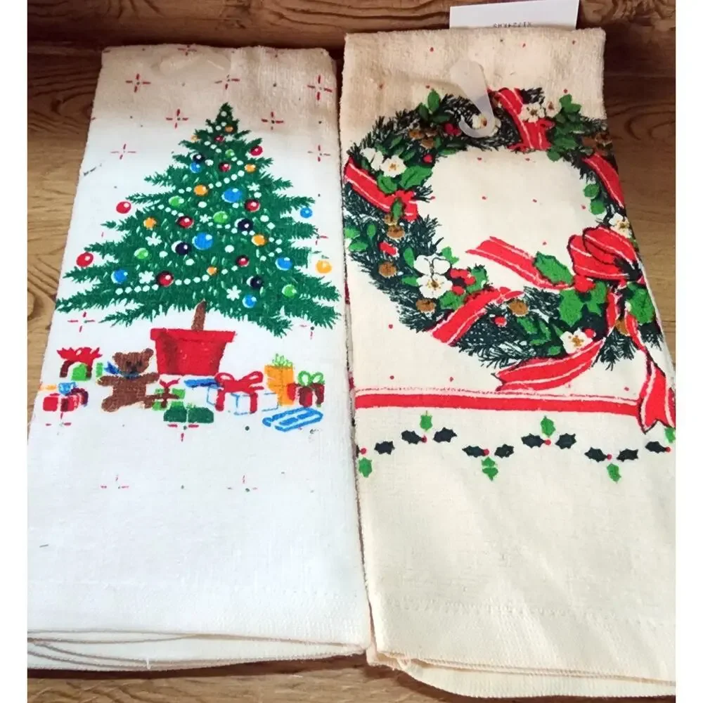 2 Christmas Kitchen Towels Wreath & Tree W/ Toys PLEASE READ Never Used